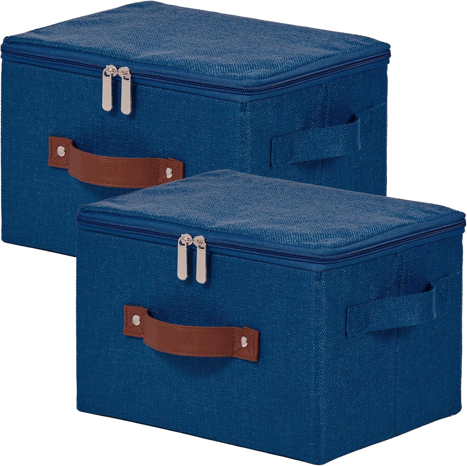 2 Pack Storage Bins with Zipper Lid Cotton Linen Fabric Lidded Storage Baskets Boxes Foldable Washable Closet Shelf Clothes Organizer Container with PU Leather Handles (Deep Blue, Small)
