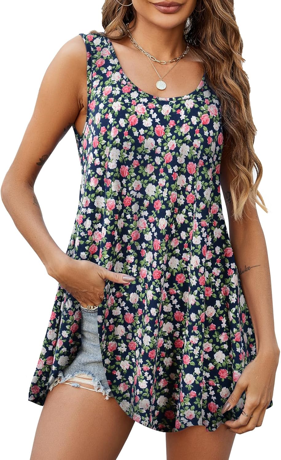 JollieLovin Women's Tunics Tank Tops Sleeveless Loose Fit T-Shirt with Flare Hem Comfy Swing Blouse (Available in Plus Size)