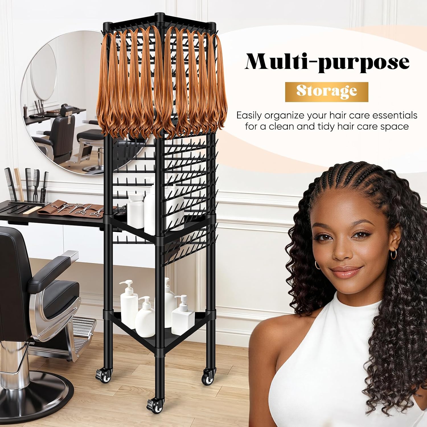 GADFISH Braiding Hair Rack Standing Hair Extension Holder Hanger, 420 Pegs 3-side Rack for Braiding Separator Display Stand (Black) image 2