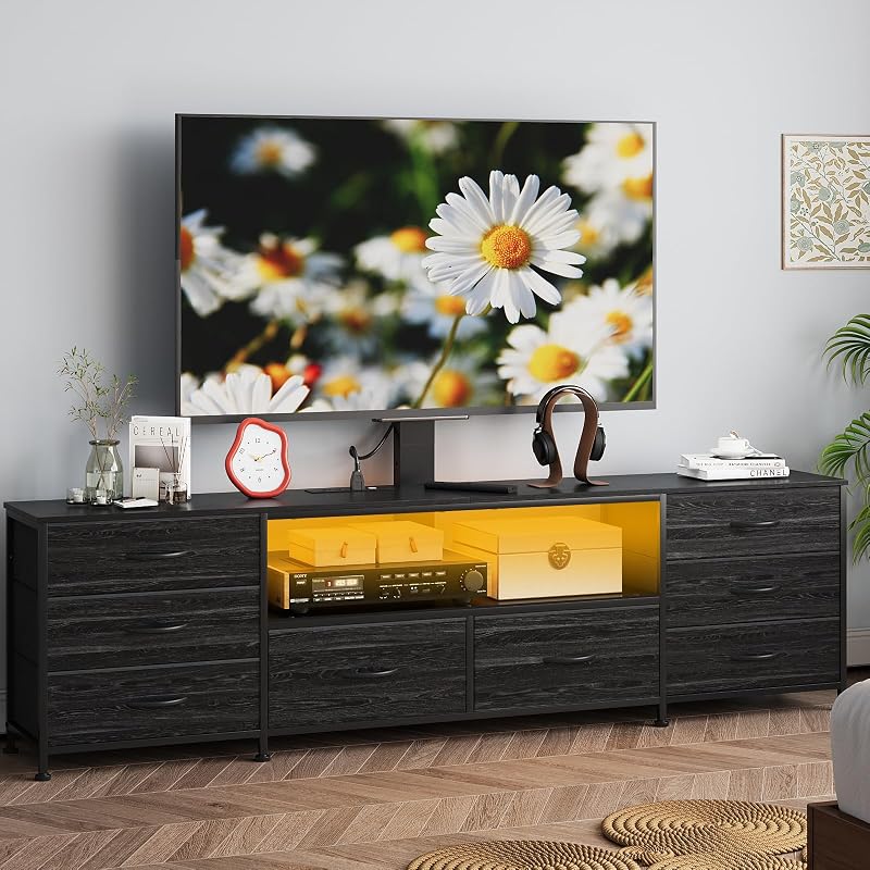 70.8" W TV Stand with Mount and Power Outlet for 65/70/75/80 Inch TV, Farmhouse Entertainment Center with 8 Fabric Drawers, LED Lights and Open Storage Shelves for Living Room (Black) image 2