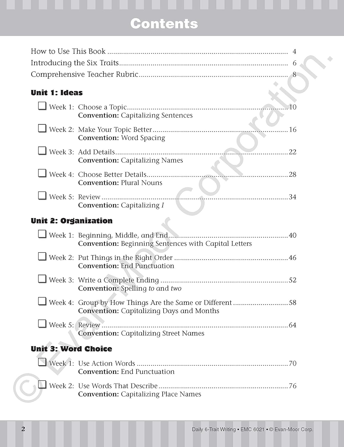 Evan-Moor Daily 6-Trait Writing, Grade 1, Homeschool and Classroom Resource Workbook, Reproducible Worksheets, Teaching Edition, Lesson Plans, Ideas, Organization, Word Choice, Sentence Fluency, Voice