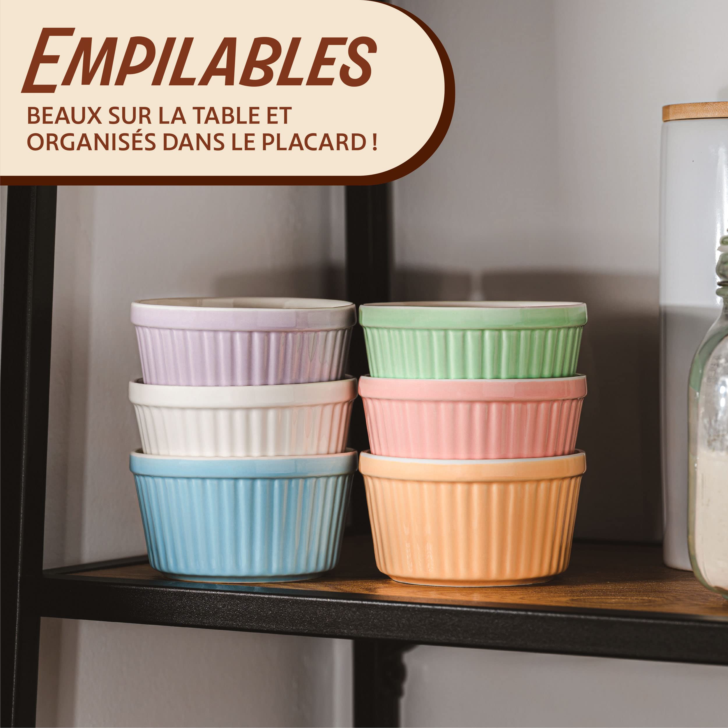 Praknu 6 Ramequins en Céramique 200 ml - Allant au Four - 9 cm - Empilables - Revêtement Antiadhésif - Emballage sans Plastique