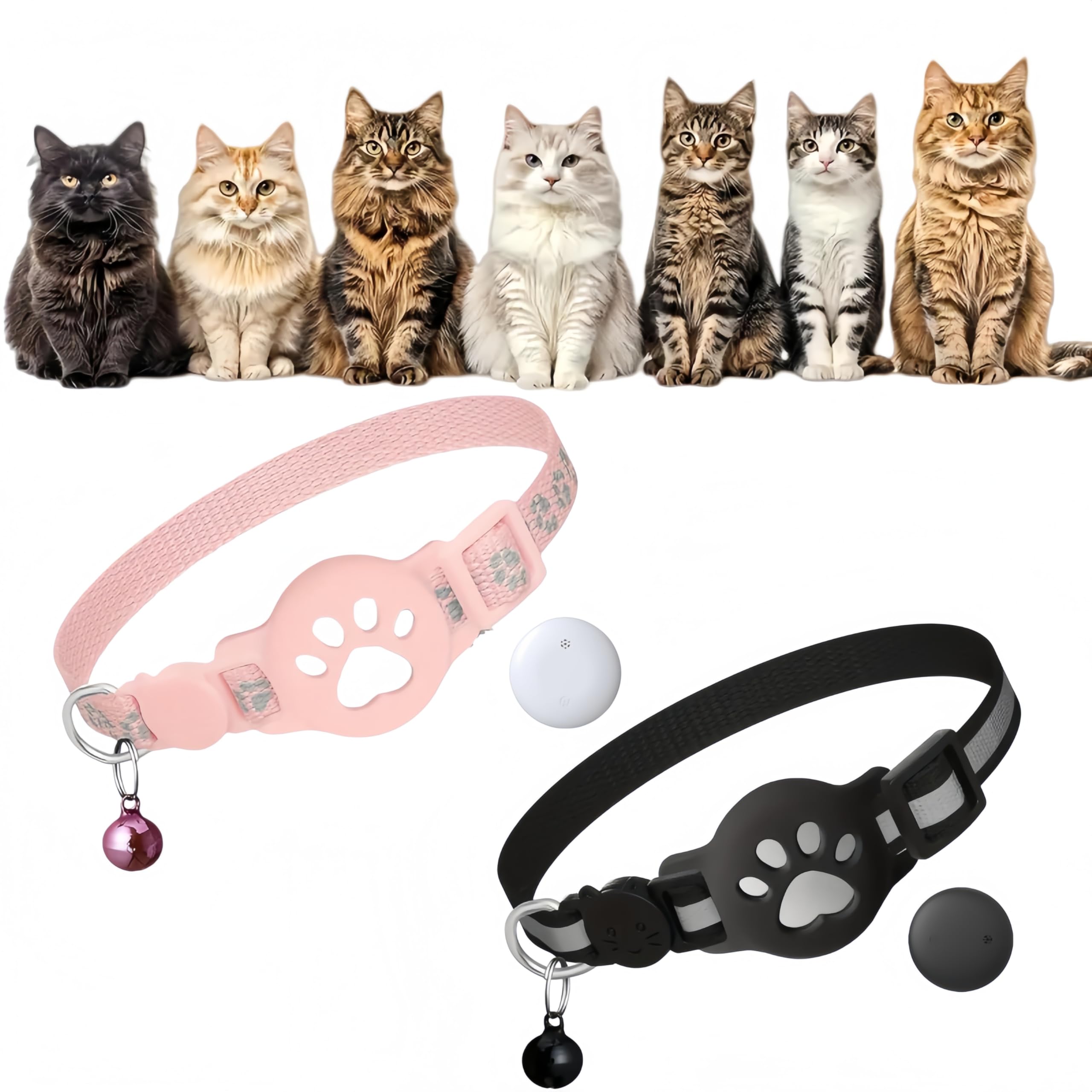 Collar GPS para Gatos, Compatible con iOS y Android, Resistente al Agua IP67, localización en Tiempo Real, Collar Reflectante antipérdida (Huellas Negras, Sistema iOS/Android)