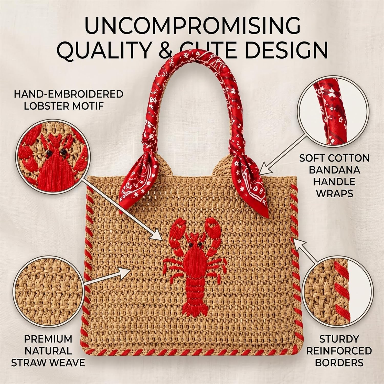 Grass Woven Lobster Embroidery Bag,Straw Zipper Handle Handbags image 5