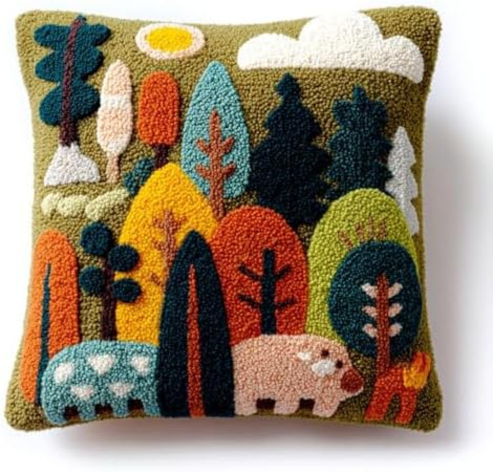 kitphoenix Beginner Latch Hook Cushion Cover Kit,Calf and Forest,Adults DIY Embroidery Crochet Craft Kit with Pre-Cut Yarn and Printed Canvas,43x43 cm