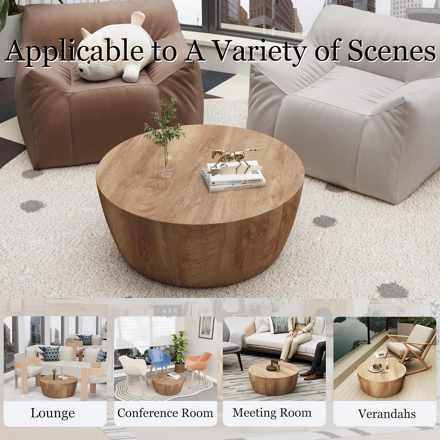 30" Round Coffee Table, Drum Coffee Tables for Living Room, Vintage Reversible Wooden Coffee Table, Mid Century Modern Center Table Tea Table for Bedroom or Office, No Need Assembly