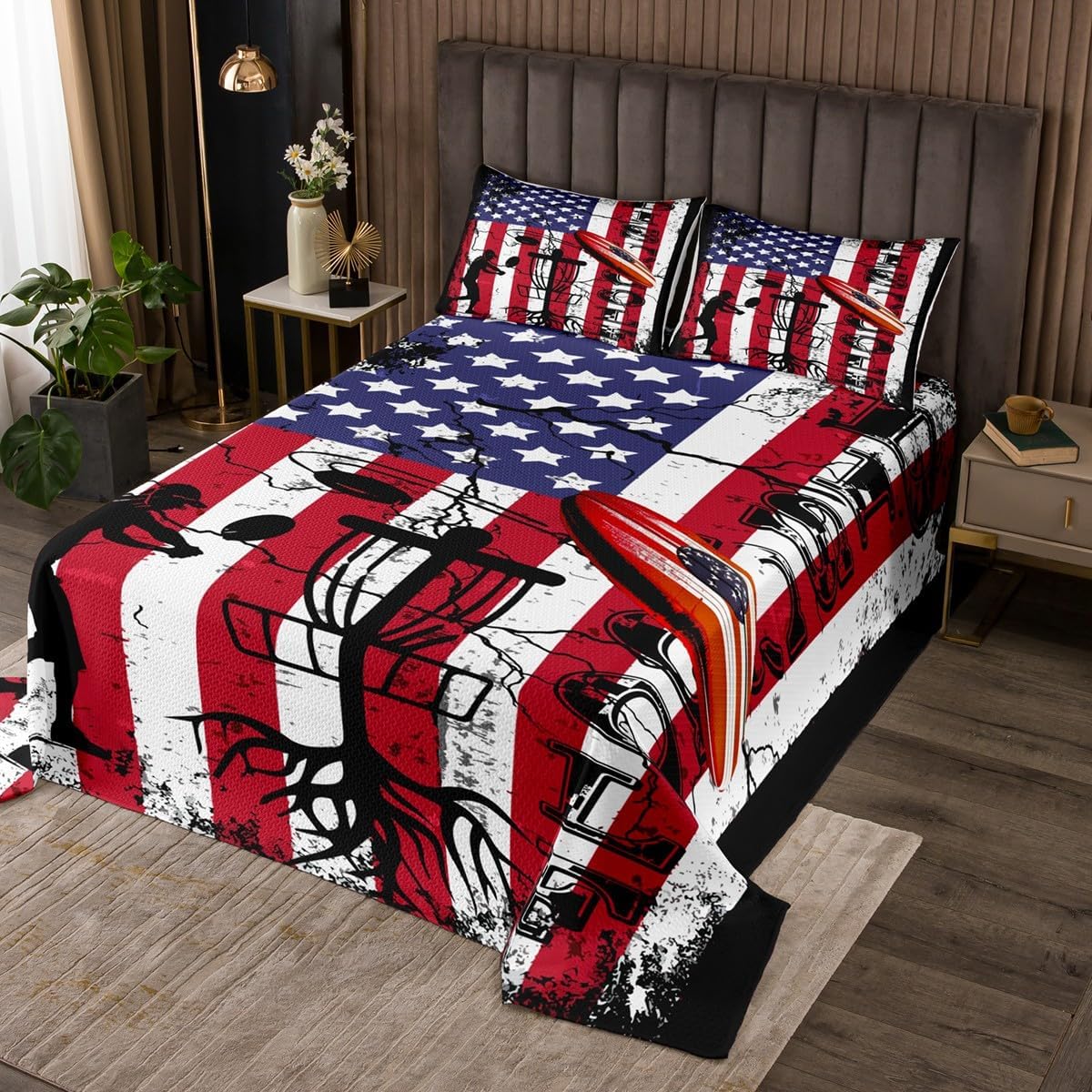 Manfei Kids American Flag Kids Bedspread Queen Size, Disc Golf Quilted Coverlet with 2 Pillowcases, Sports Gaming Theme Coverlet Set 3pcs for Boy Girls Teens Room Decor, Soft Polyester Bedding Quilt
