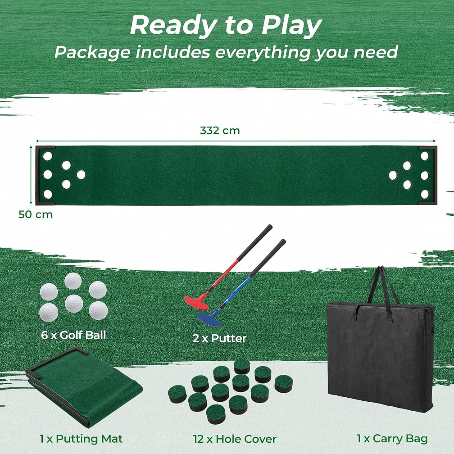 Juego de golf Pong, tapete verde portátil con 2 putters, 6 bolas y 12 fundas de agujeros, bolsa de transporte, para práctica en casa, fiesta en el patio trasero