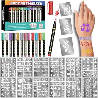 Temporary Tattoo Markers for Skin, 12 Metallic Markers + 160 Tattoo Stencils, Tattoo Markers for Kids Adults Women Teens Body Markers, Cosmetic Tattoo Pens for Skin DIY Body Art Face Painting