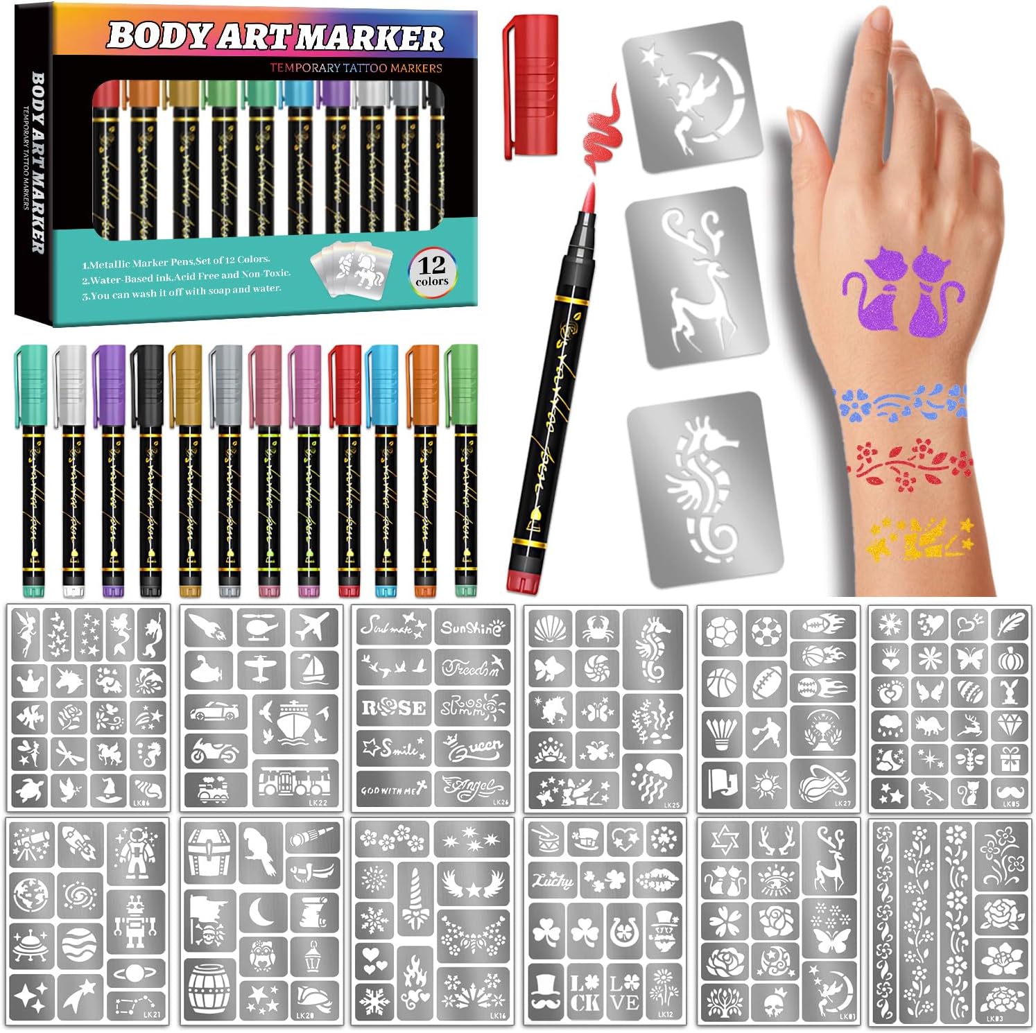 Temporary Tattoo Markers for Skin, 12 Metallic Markers + 160 Tattoo Stencils, Tattoo Markers for Kids Adults Women Teens Body Markers, Cosmetic Tattoo Pens for Skin DIY Body Art Face Painting