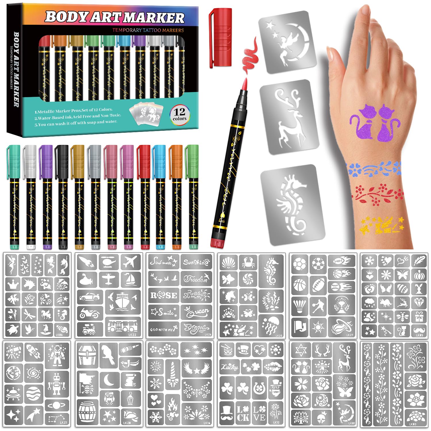 Temporary Tattoo Markers for Skin, 12 Metallic Markers + 160 Tattoo Stencils, Tattoo Markers for Kids Adults Women Teens Body Markers, Cosmetic Tattoo Pens for Skin DIY Body Art Face Painting