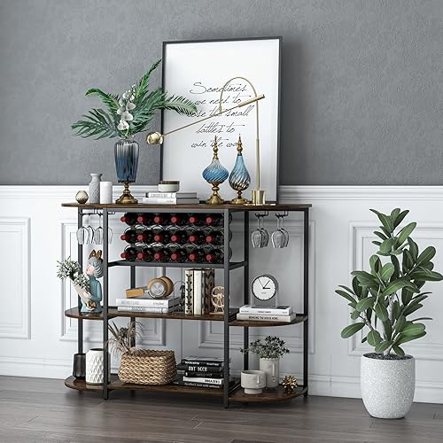 Miniatura 5 de LOKO Mesa de estante para vinos, gabinete industrial de bar de vino de 47 pulgadas con estante para vino y soportes para vidrio, gabinete de