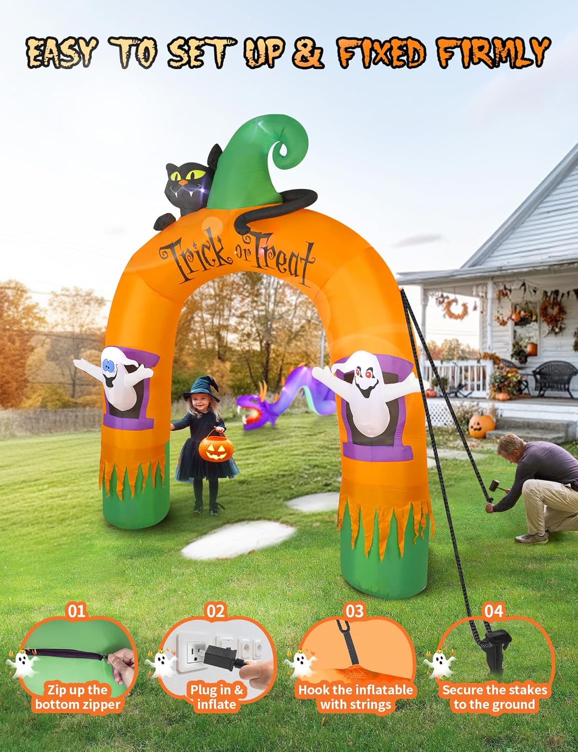 Dawdix 10FT Large Halloween Inflatable Archway Decoration, Halloween Blow Up Lighted Archway with Ghost & Black Cat & Cornucopia, Trick & Treat Yard Garden Patio Lawn Outside Decor