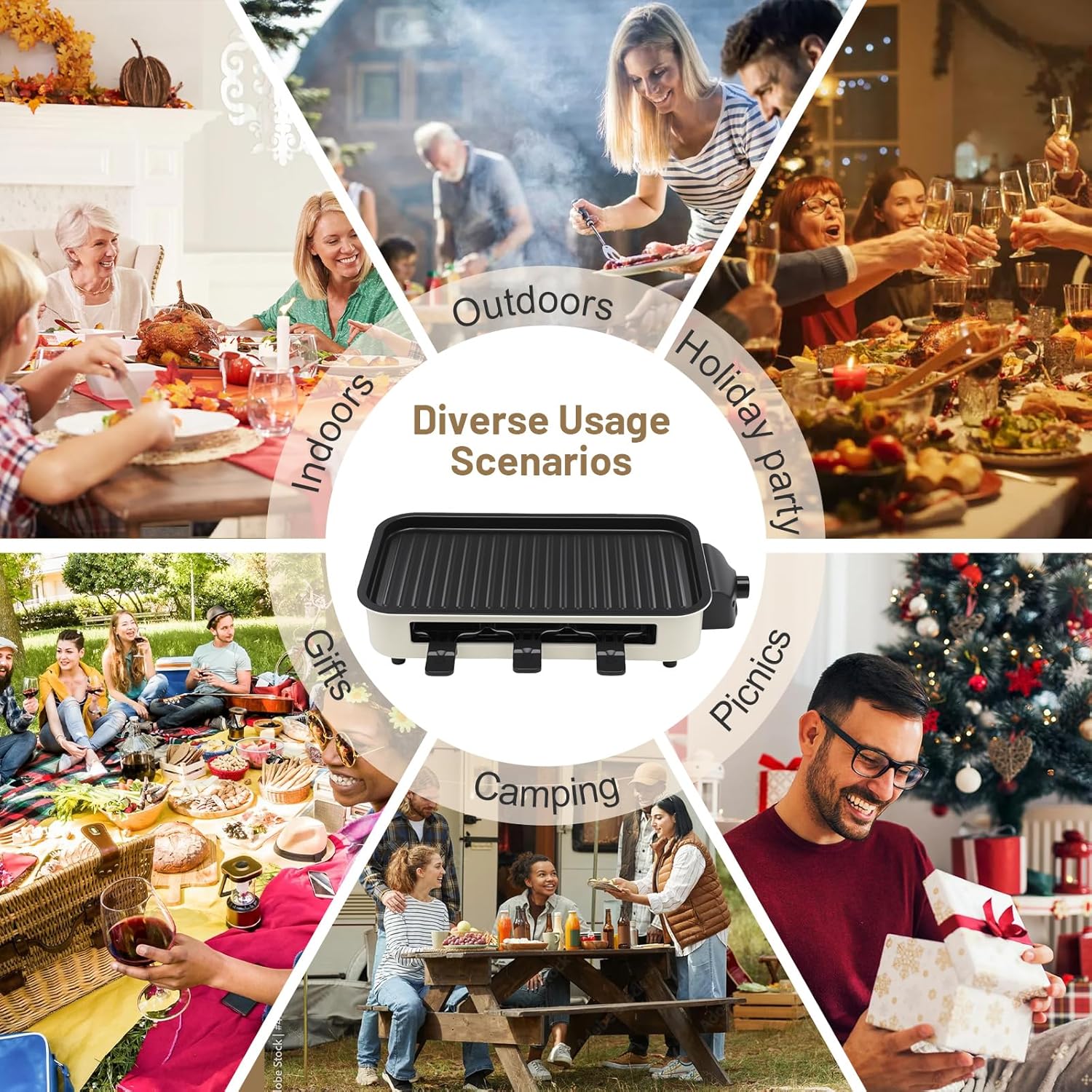 3-in-1 Indoor Smokeless Grill,Removable 18’’x 9’’Electric Griddle Nonstick with Temperature Control for Indoor Outdoor Family Party Kitchen Picnic Table