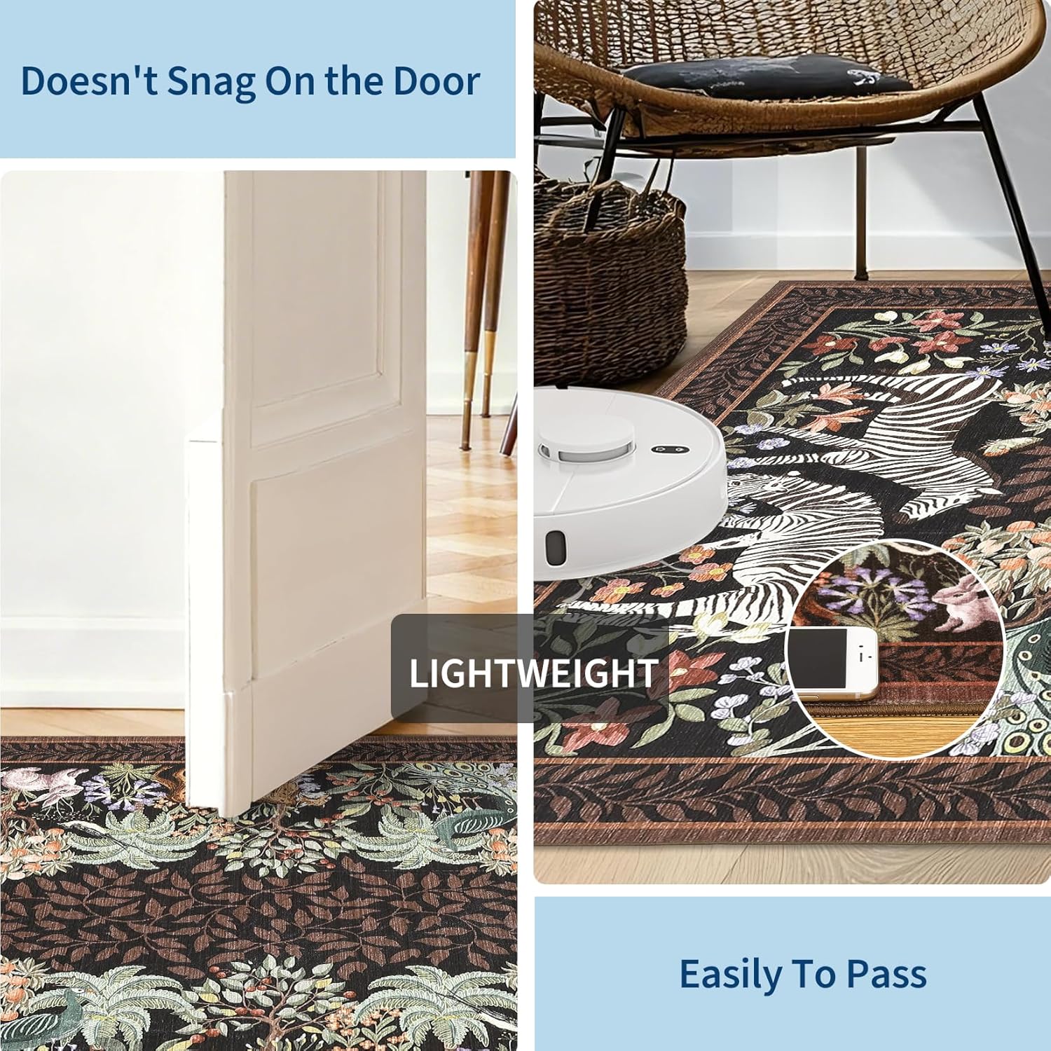 GarveeHome Zebra Brown Washable Kitchen Runner Rug 2x6 Vintage Jungle Safari Botanical Woodland Forest Animal Print Non-Slip Soft Runners for Hallways Entryway Bedroom Dining Room