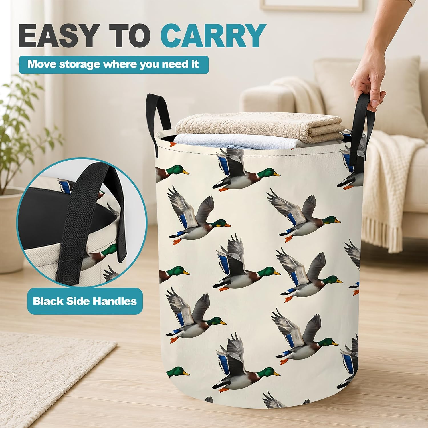 Laundry Basket,Mallard Duck Foldable Clothes Hamper with Handles,Rustic Flying Birds Waterproof Oxford Cloth Storage Organizer for Bedroom Bathroom College Dorm,16" x 20" image 5