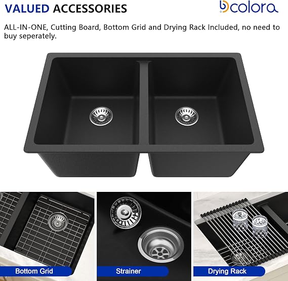 Dcolora 33 inch Quartz Matte Black Granite Composite Double Bowl Undermount Kitchen Sink Basin Deep 50/50 Split, DC-GU7761