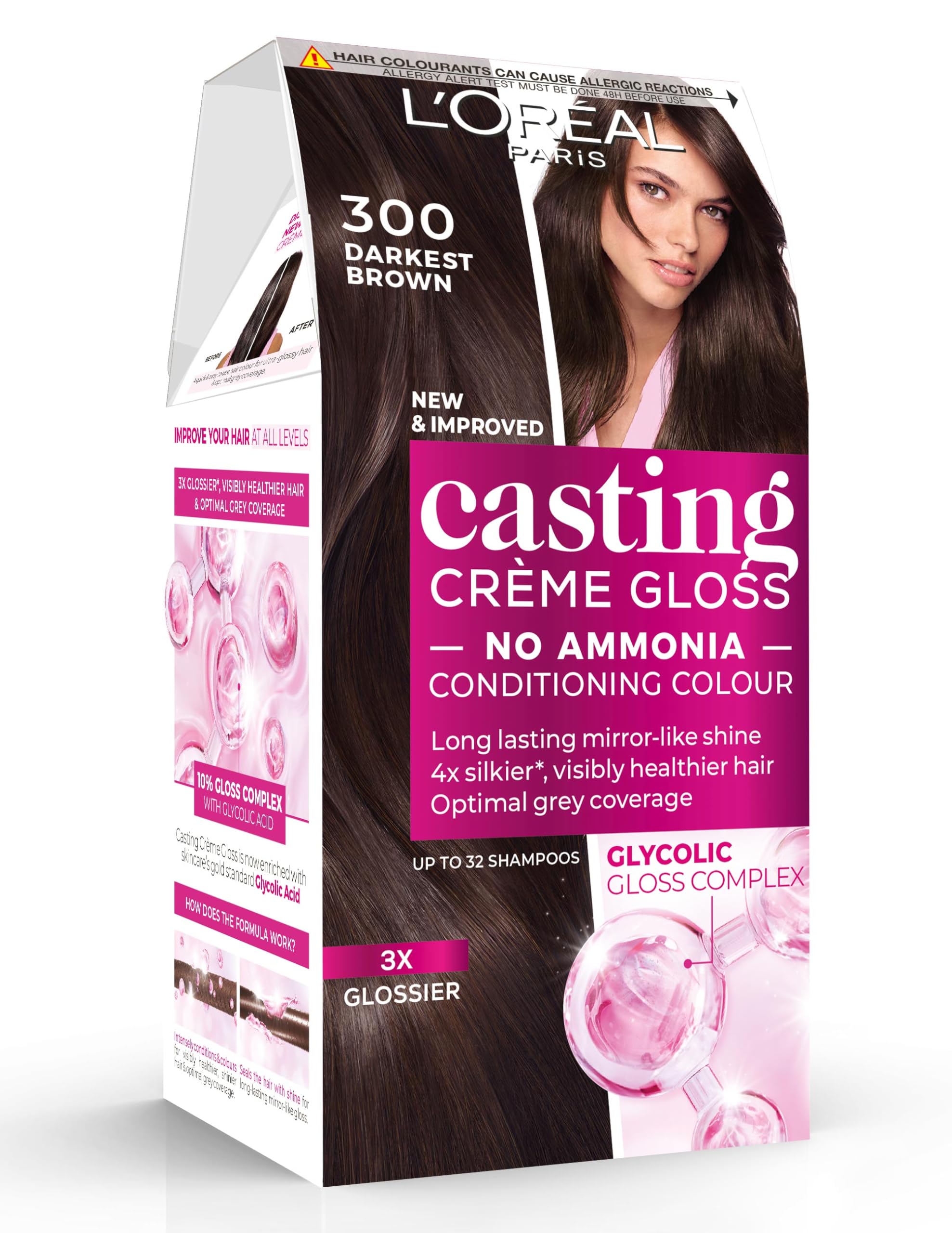 L’Oréal Paris Ammonia Free Semi-Permanent Hair Dye, 300 Darkest Brown, Glossy Hair Colour, Natural Looking Finish For up to 28 Shampoos, Casting Crème Gloss, 1 Application (Packaging may vary)