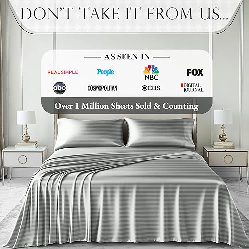 Miniatura 7 de DECOLURE Juego de sábanas de satén a rayas King de 6 piezas, cómodas sábanas de satén de lujo con sensación de seda, elegantes, sedosas, suaves,