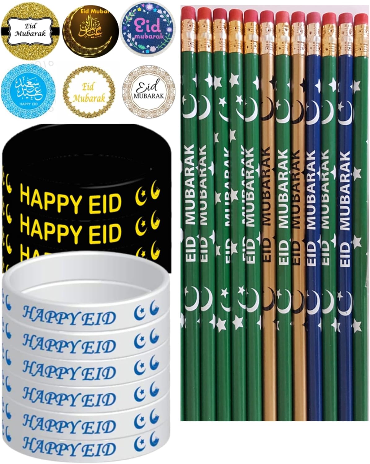 448 Pcs Eid Mubarak Pencils Wristbands Stickers Set Eid Pencils Eid Wristbands Eid Stickers Eid Mubarak Party Ramadan Gift for Muslims (Eid Pack)