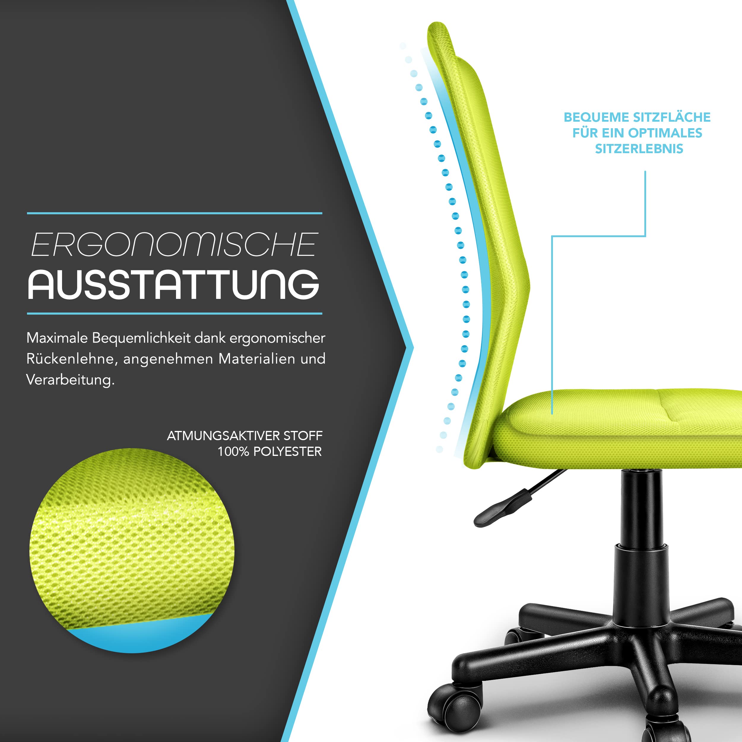 TRESKO Bürostuhl Schreibtischstuhl Drehstuhl, mit Kunststoff-Leichtlaufrollen, stufenlos höhenverstellbar, gepolsterte Sitzfläche, ergonomische Passform, Lift SGS-geprüft (Hellgrün)