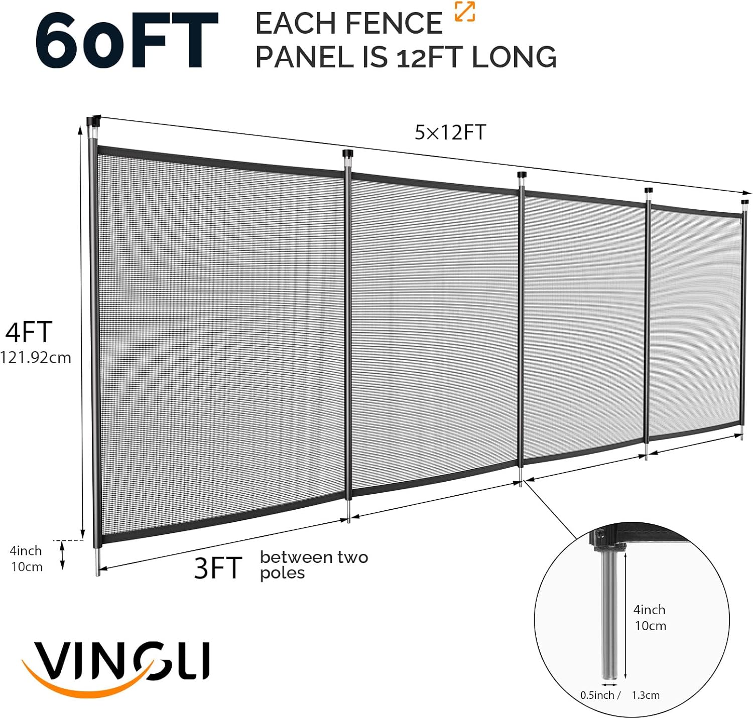 VINGLI Pool Safety Fence for Inground Pools, Black Aluminum Pool Fence with Solar Powered Garden Lights, Night Warning & Decor, Removable Child & Pet Barrier (4 FT × 60 FT)