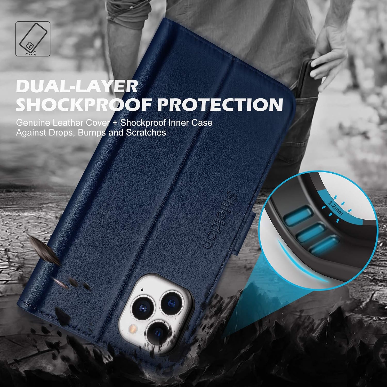 SHIELDON Case for iPhone 12 Pro Max, Genuine Leather Wallet Case Magnetic Folio Shockproof Cover Kickstand RFID Card Slots Compatible with iPhone 12 Pro Max 5G (6.7") - Navy Blue
