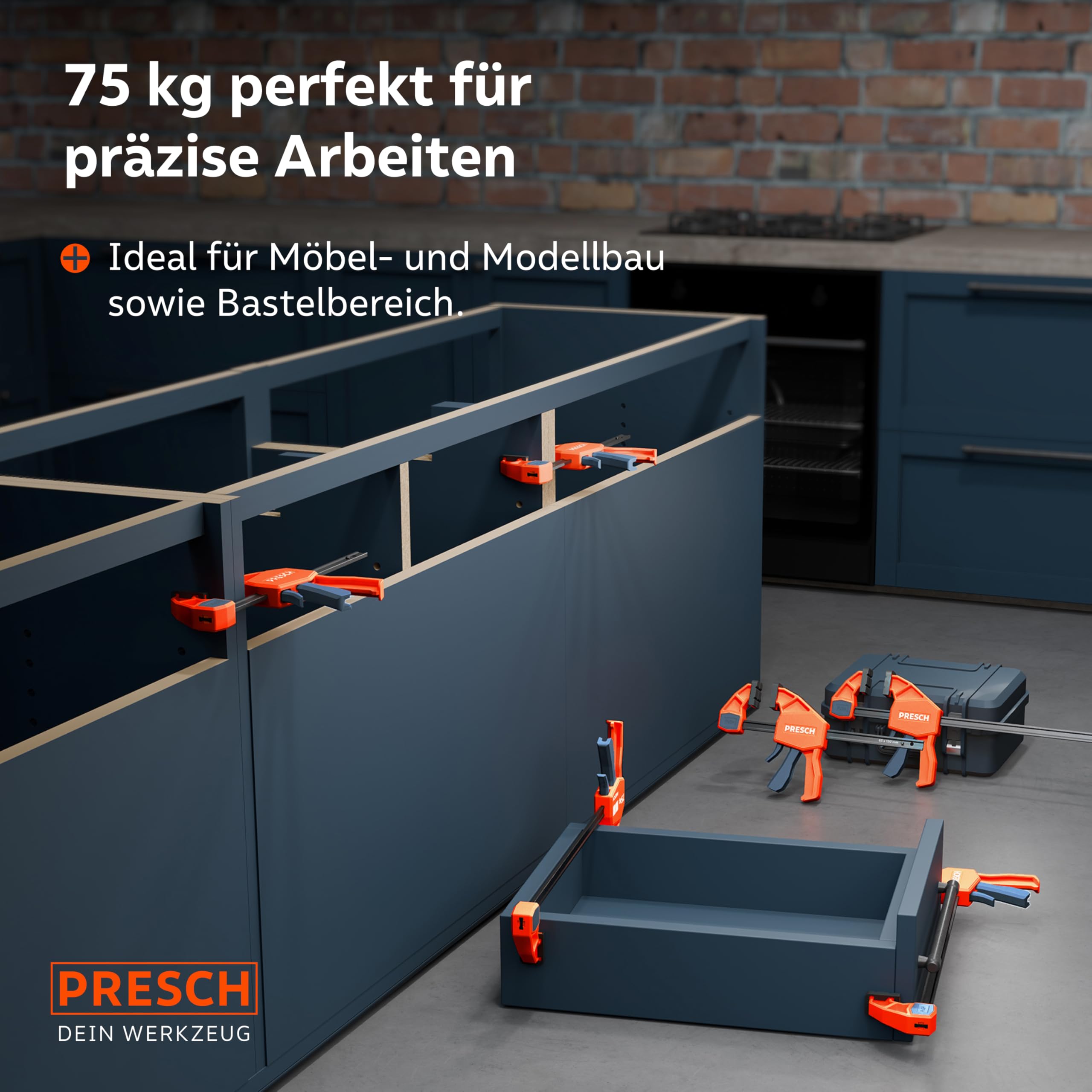 PRESCH Einhandzwingen 150mm & 300mm 4 Stk. – Zwingen Set mit 75kg Spannkraft für sofortiges Fixieren – Robuste Schnellspannzwingen dank Carbonstahl & glasfaserverstärktem Gehäuse – Mit Spreizfunktion