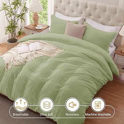 Miniatura 32 de Cozyide Juego de funda de edredón de sirsaca suave y transpirable de 3 piezas, con cierre de cremallera y lazos en las esquinas