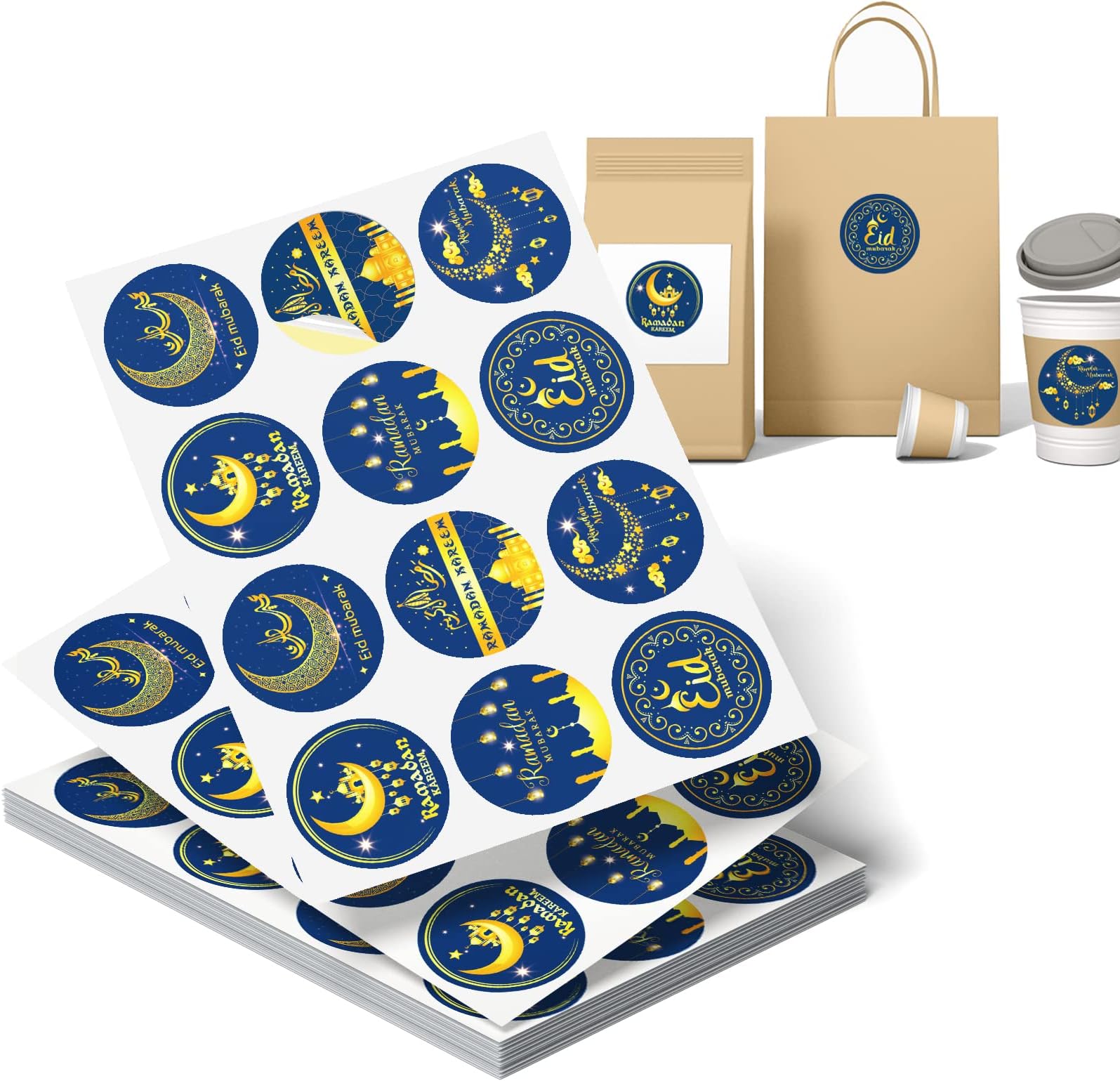 Eid Mubarak Stickers, 216Pcs Ramadan Kareem Round Sticker (1.5 Inch), Islamic Muslim Stickers for Eid Party, Envelopes, Treat Bags, Decoration and More Packwith