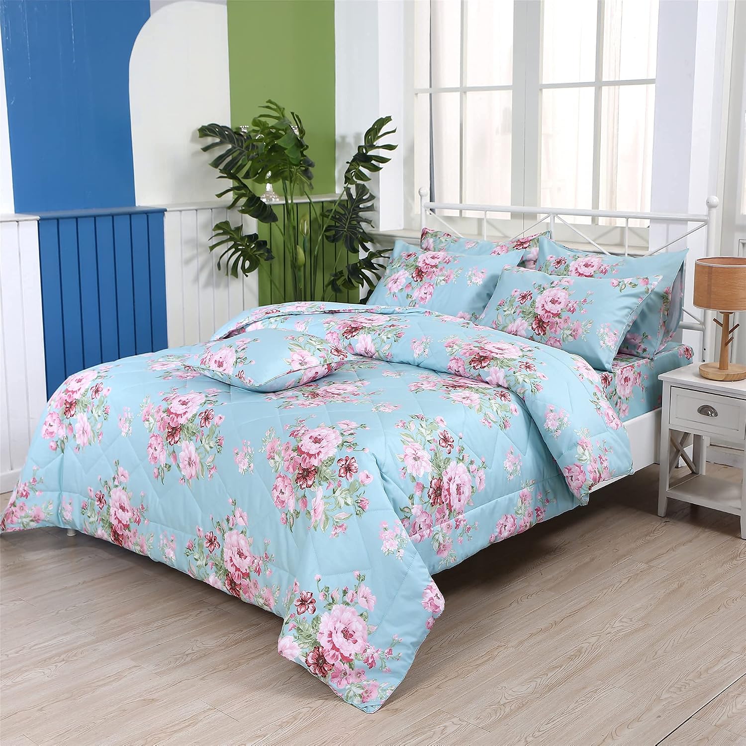 FADFAY Blue Comforter Set Shabby Floral Summer Quilt 100% Cotton Fabric Sheet Bedding Deep Pocket Bedding Set 7Pcs, Queen