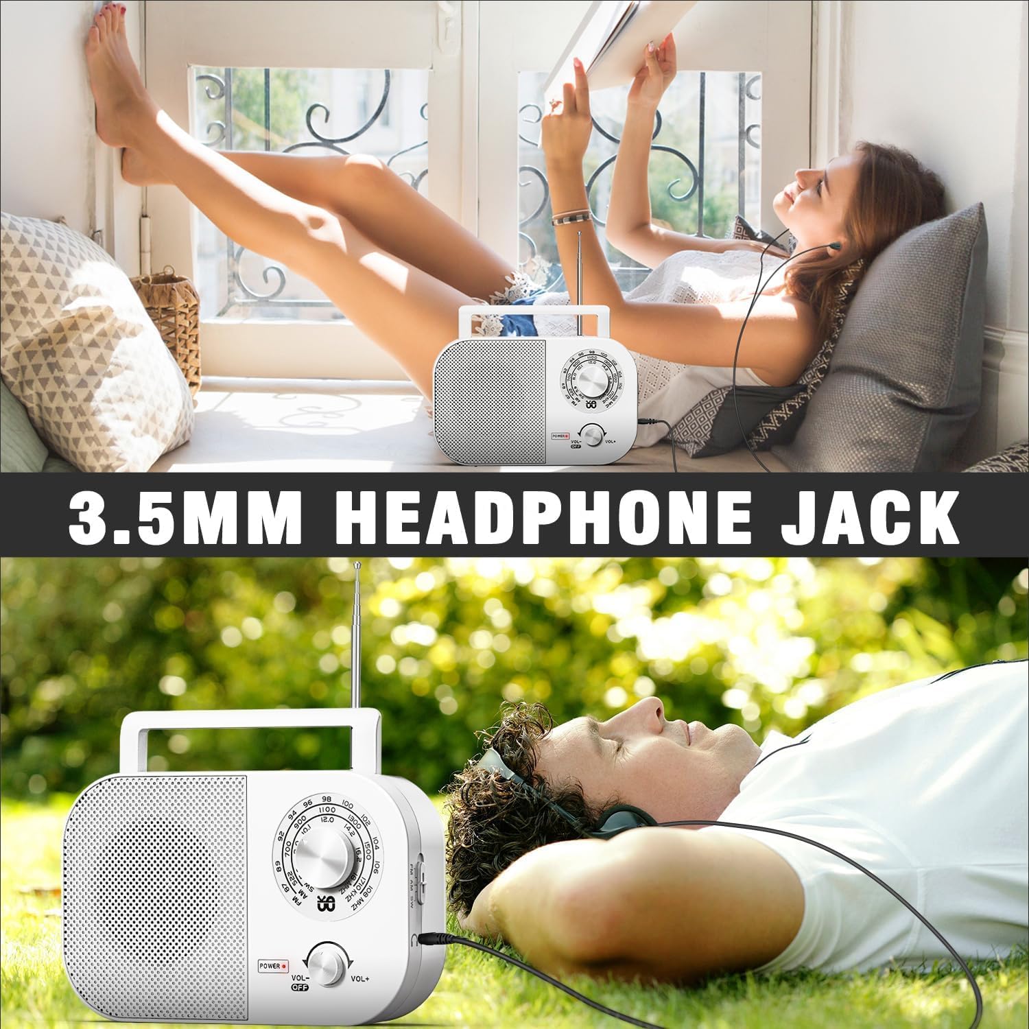 Tendak Portable Radio AM FM SW, Shortwave Radio with Loud Speaker, Transistor Antenna, Headphone Jack and Large Tuning Knob, Battery Powered or Plug in Wall for Home Outdoor Emergency - White