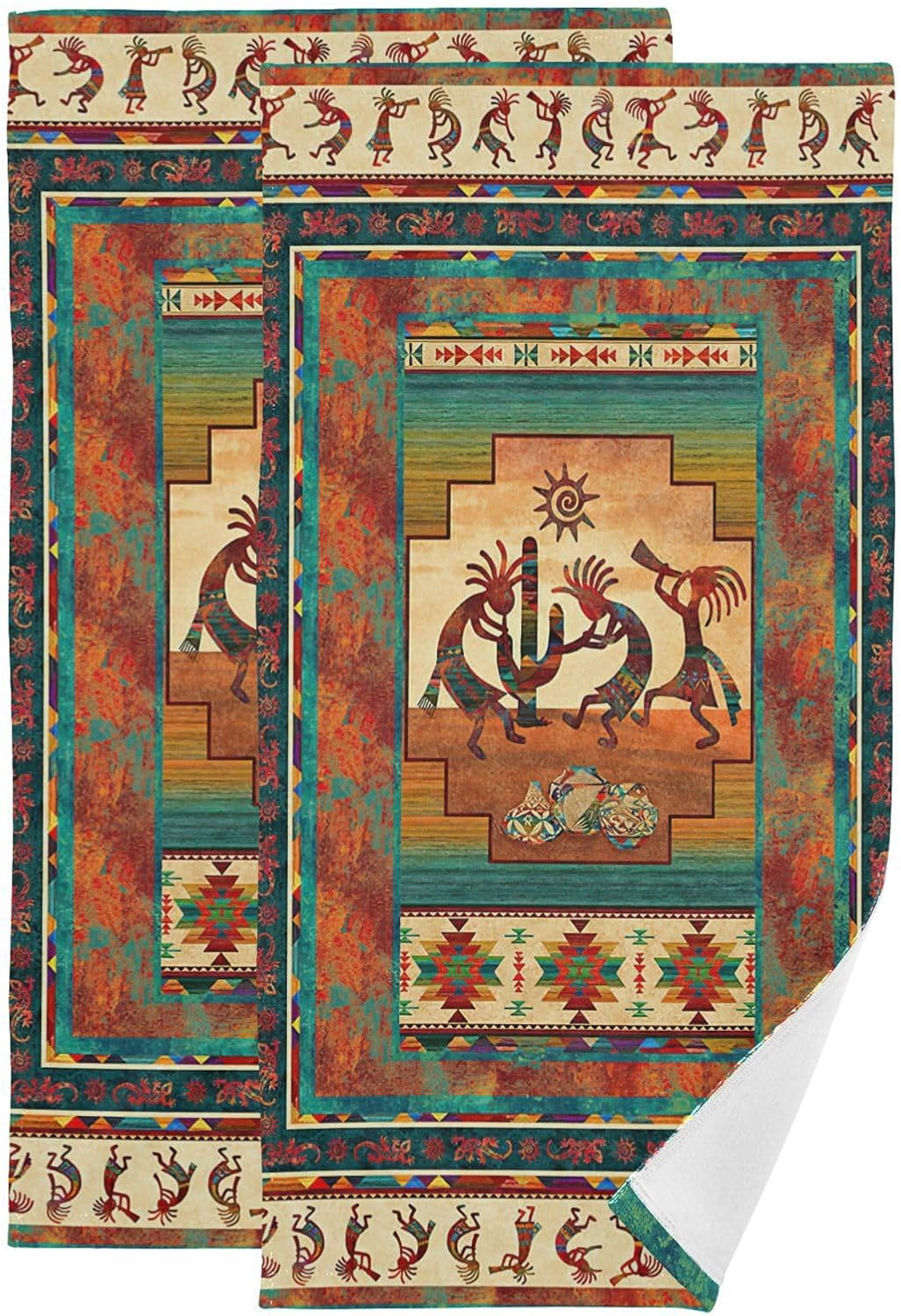 Kokopelli Hand Towels for Bathroom Set of 2 Soft Absorbent Southwestern Native American Indian Ancient Ethnic Tribal Kitchen Towel Decorative Bathroom Towels for Guest Shower Face Hair Gym 14"x28"