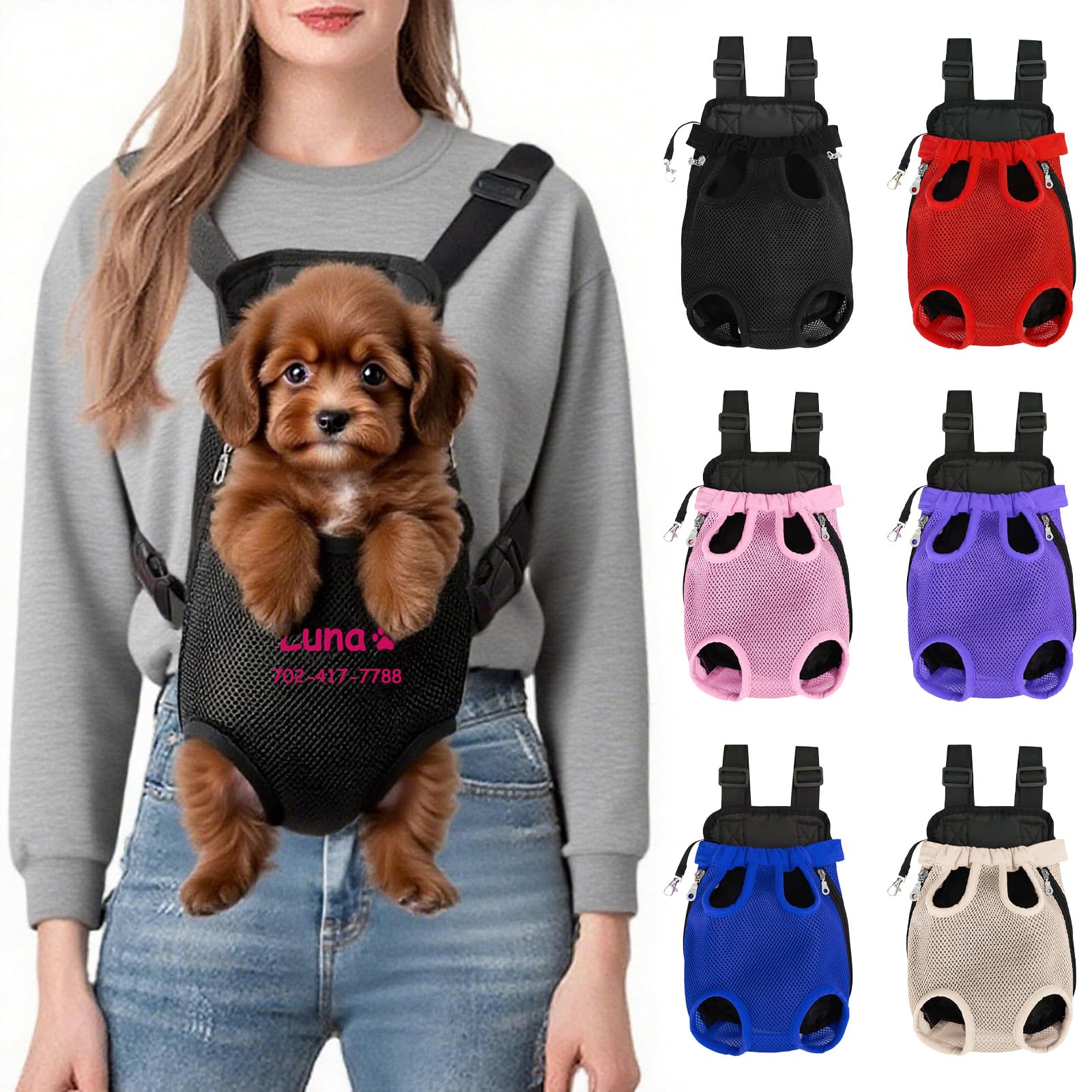 Custom Dog Backpack Carrier with Name Icons Embroidery Adjustable Front-Facing Legs-Out Design Breathable Pet Carrier Backpack for Hiking Traveling