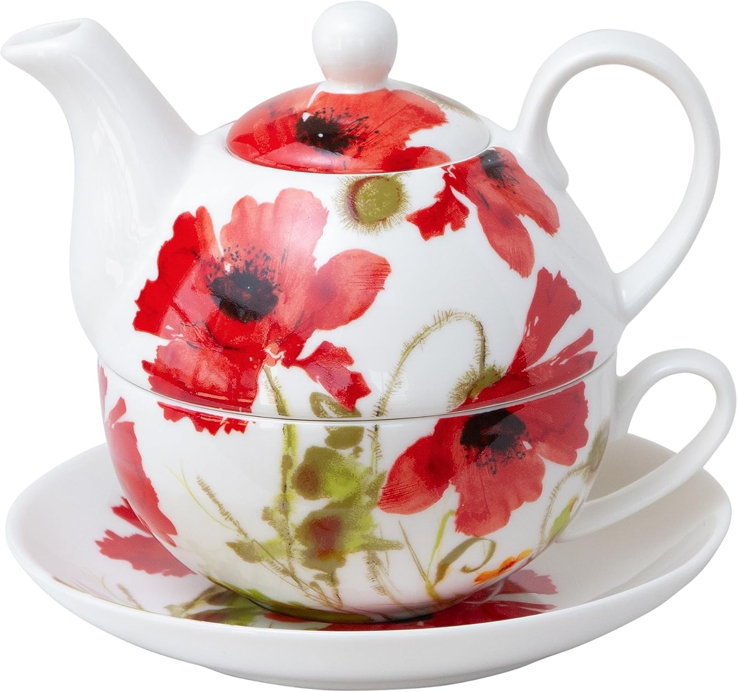 Porcelain 4-Piece Tea For One (Red Wild Poppy Floral)