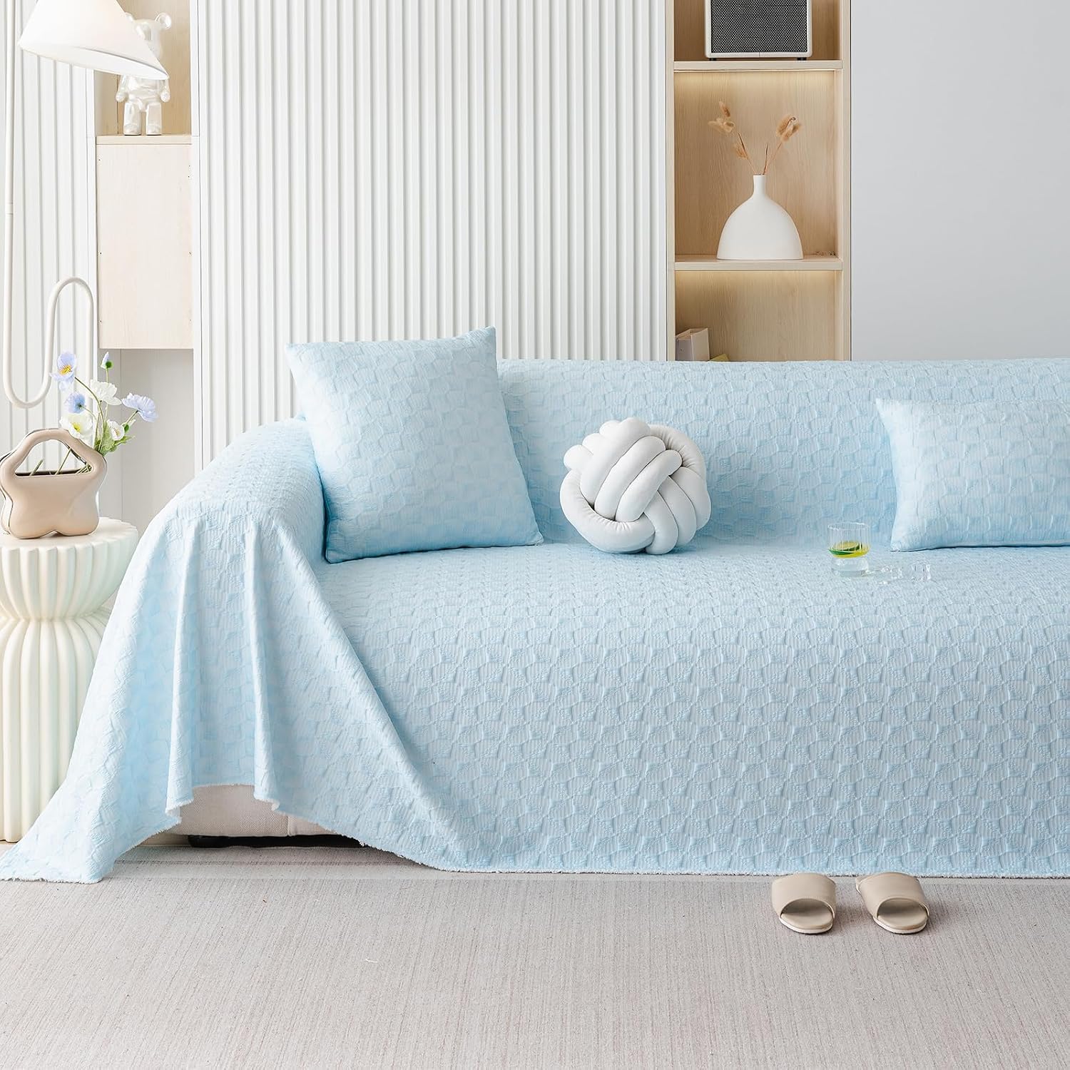 ROOMLIFE Ice Silk Cooling Dog Couch Covers for Sofa, Washable & Breathable Pet Sofa Protector, Durable Cooling Sofa Slipcover for Furniture, Soft Pet Friendly Couch Cover for Dogs, Blue 71"X118"