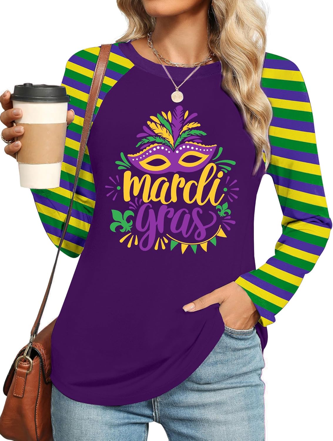 Mardi Shirts for Women: Carnival Glitter Mask Graphic T Shirt Mardi Outfit Fat Tuesday Long Sleeve Tops