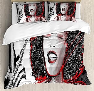 Ambesonne African Duvet Cover Set, American Girl Singing with Saxophone Player Popular Sound Design, Decorative 3 Piece Bedding Set with 2 Pillow Shams, Queen Size, Black Grey