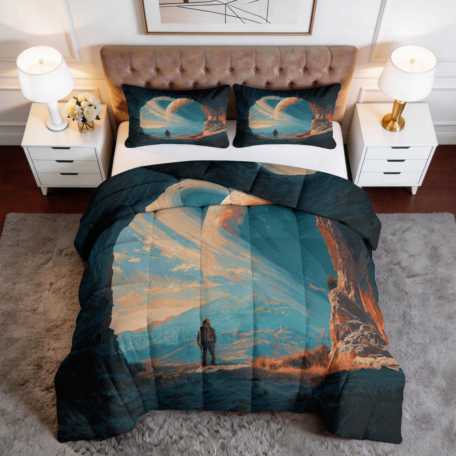 Couette 240 x 220 cm Ciel Montagnes Astronaute avec 2 taies d'oreiller imprimées