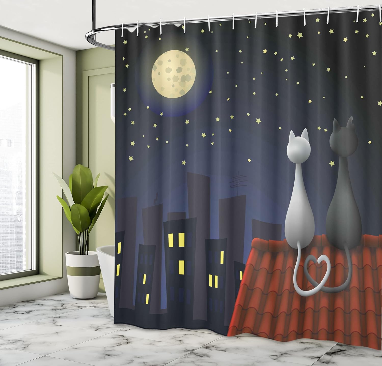 Ambesonne Animal Shower Curtain, Cats on The Roof Couple Valentines Animal Kitten Kitty Night Full Moon Starry Sky, Cloth Fabric Bathroom Decor Set with Hooks, 69" W x 70" L, Yellow Grey