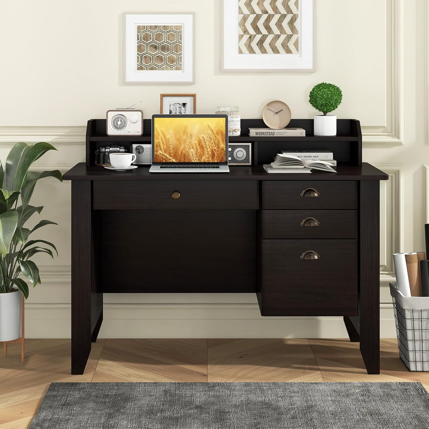 Tangkula Computer Desk with 4 Storage Drawers & Hutch, Home Office Desk Vintage Desk with Storage Shelves, Wooden Executive Desk Writing Study Desk (Black)