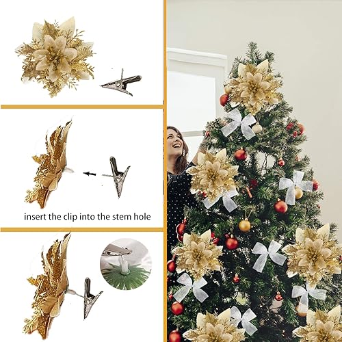 Miniatura 3 de 16 flores de Pascua artificiales de Navidad, decoración de flores de árbol de Navidad, decoración de Navidad con purpurina, adornos dorados para