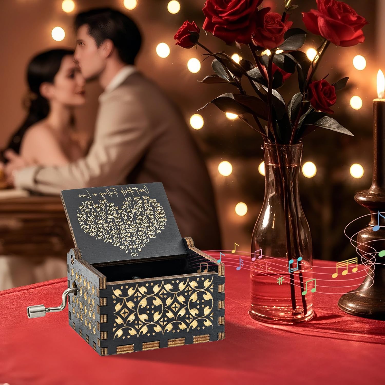 Can't Help it Music Box for Lover Girlfriend Boyfriend Wife Husband Hand-cranked Vintage Carved Wooden Music Box Birthday Anniversary Valentine's Day Gift (Retro, Fall in Love)