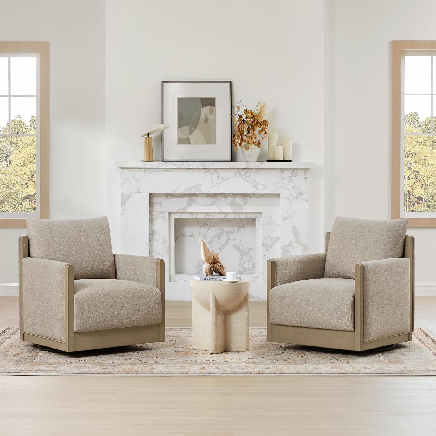 CHITA Swivel Accent Chair, Living Room Arm Chair, Mid Century Modern Reading Chair, Barrel Chair, Fabric in Khaki