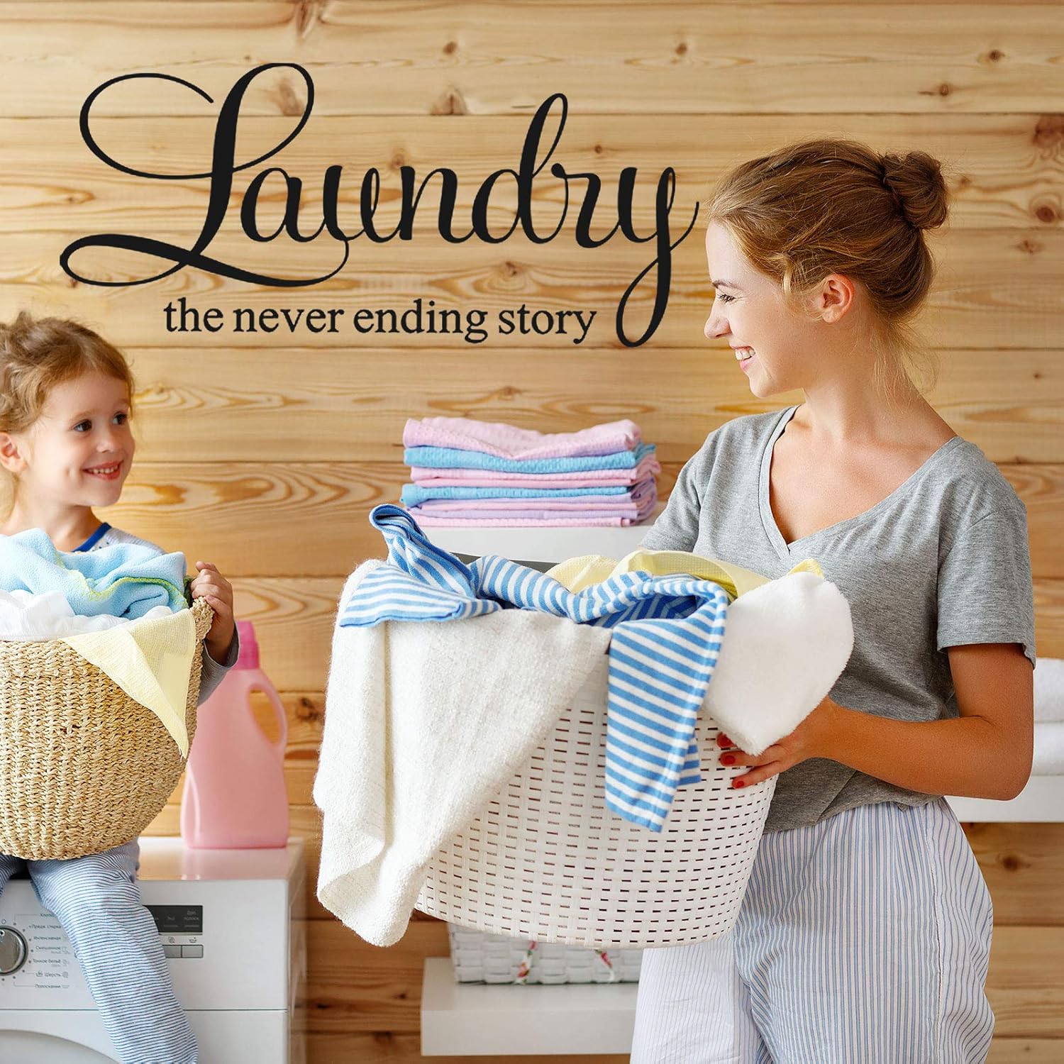 Zonon 3 Pieces Laundry Room Vinyl Wall Decal - Wash Dry Laundry Stickers - the Never Ending Story Wall Decor - Washing Machine Quote Art Stickers for Home Apartment(Black Printing)
