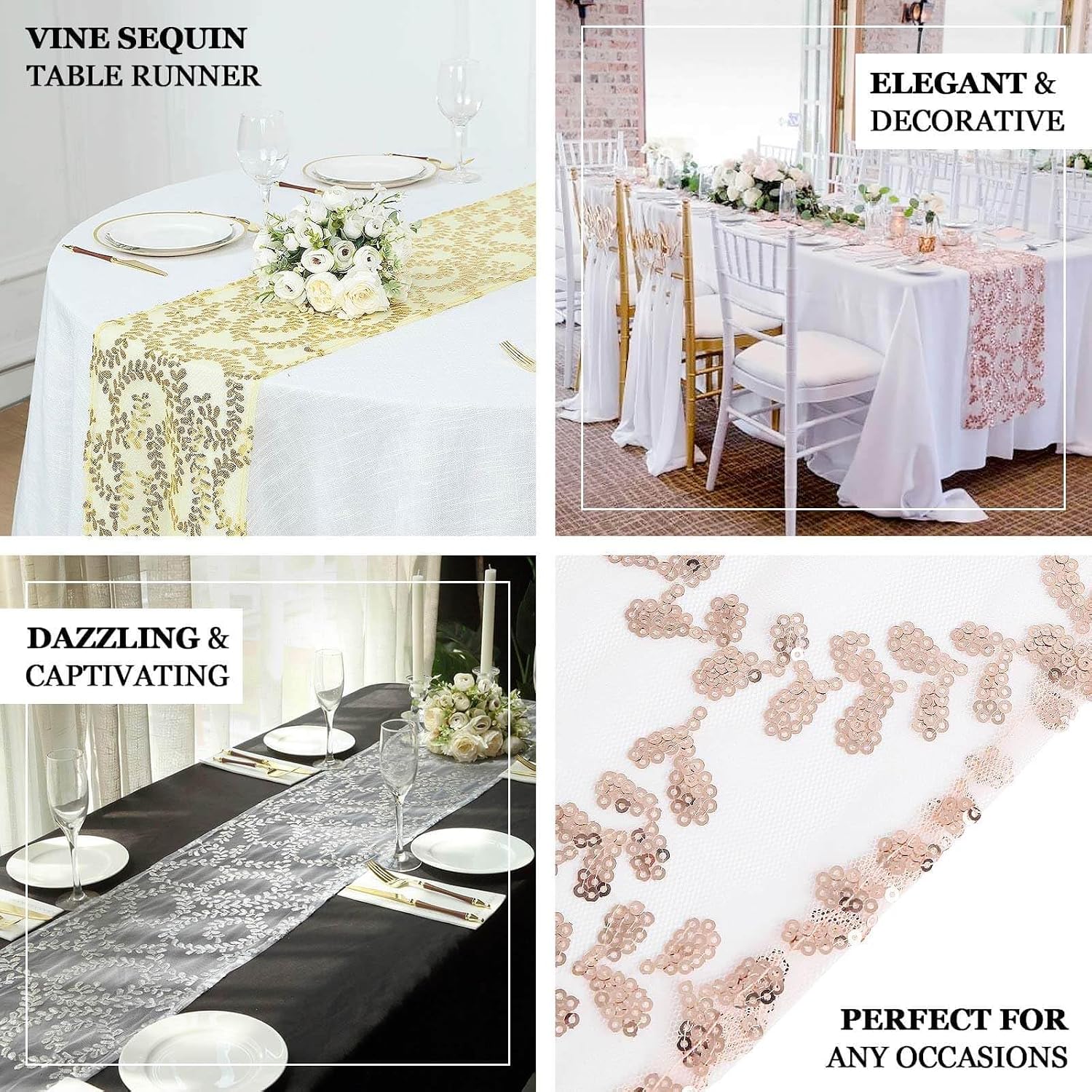 Efavormart 12"x108" Blush Rose Gold Leaf Vine Embroidered Sequin Mesh Like Table Runner