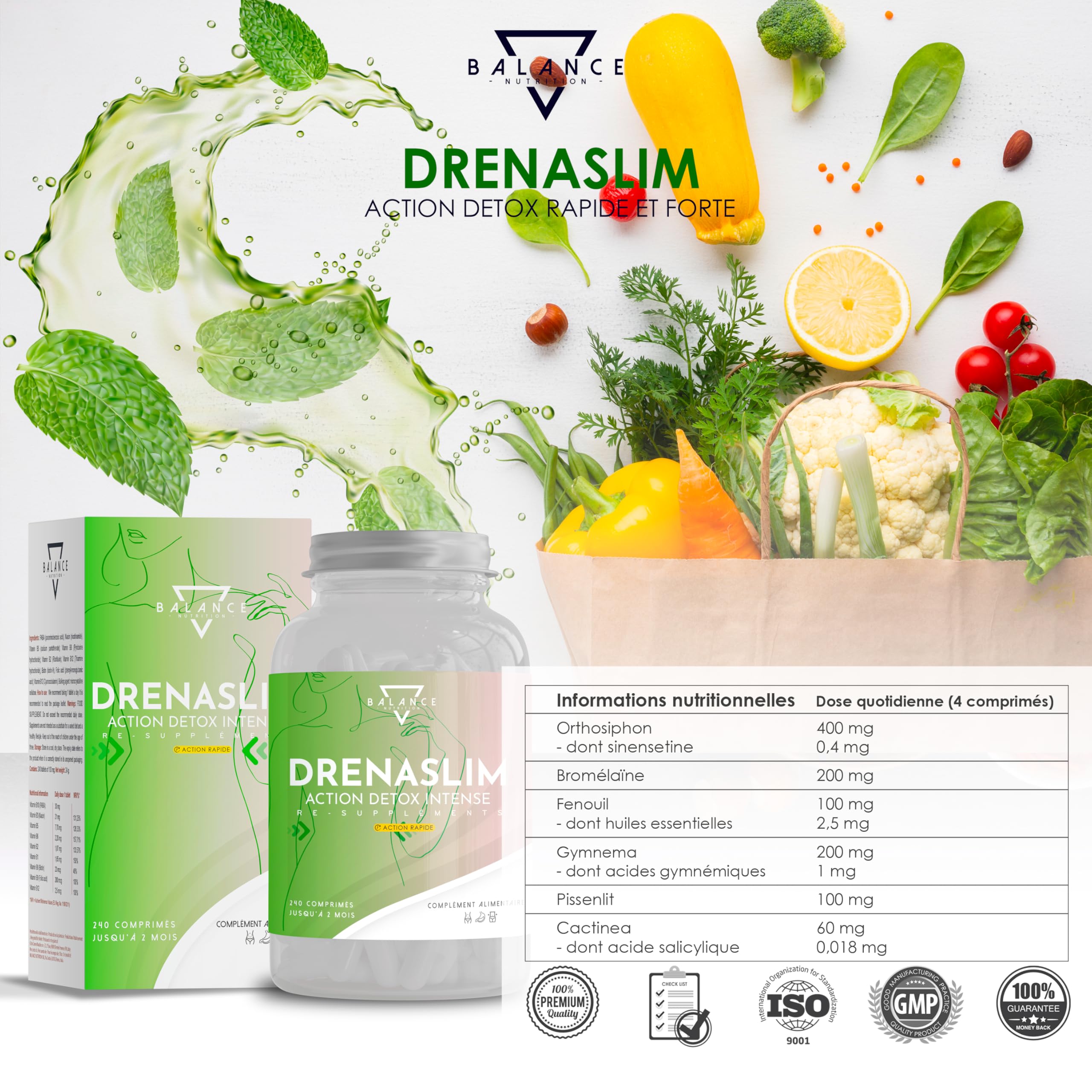 DRENASLIM® DETOX (RÉGIME DÉTOX DRAINANT INCLUS) - 240 COMPRIMÉS | Detox Foie Minceur | Maigrir Rapidement Efficacement I Puissant et Rapide, avec Bromelain, Orthosiphon, Pissenlit, Gymnema et Fenouil