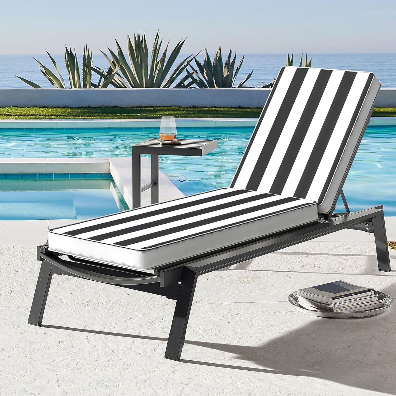 Outdoor Chaise Lounge Cushion for Patio Furniture 72 x 21 x 3 Inch, Water Resistant Patio Lounge Chair Cushion with Straps for Lawn Pool Furniture, 1 Pack, Cabana Black