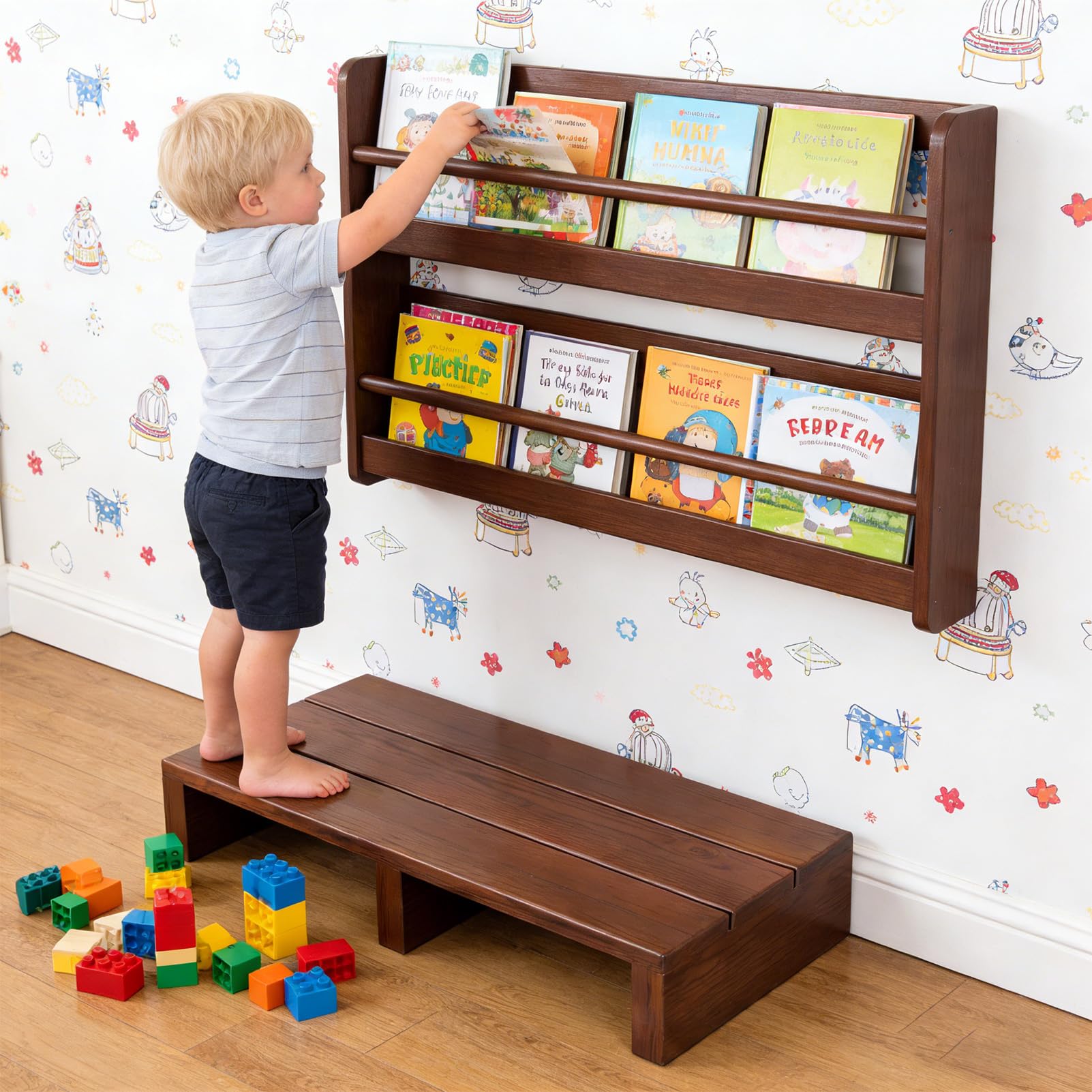 Sgabello in legno per adulti, Sgabello One Step per anziani, resistente poggiapiedi, gradini per letti alti, bagno, camera da letto, cucina, Sicuro e Stabile, Marrone, 100×30×15cm