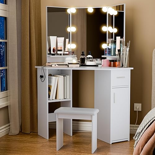 Miniatura 9 de Cozy Castle Juego de tocador de esquina escritorio de tocador de maquillaje con espejo y luces mesa de tocador con cajón y estante ajustable para